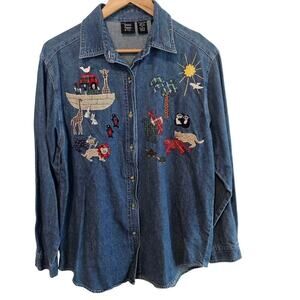 Vintage Noah's Ark Denim Blouse Women Medium 90s Button Animals Christian Bible